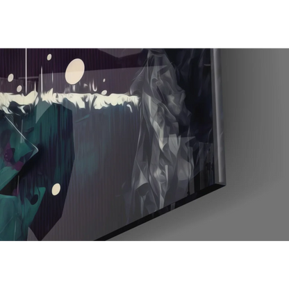 Sleek Joker glass wall art with teal black abstract shapes on digital screen