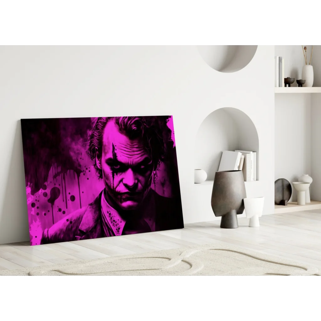 Vibrant Joker splatter wall art canvas in magenta and black
