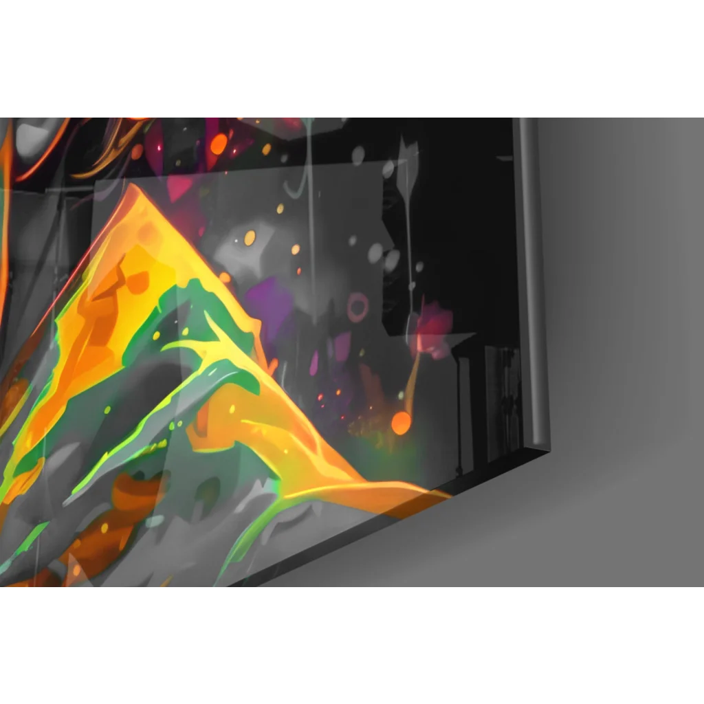Vibrant Neon Joker abstract wall art with bold yellow, green, orange splashes on dark canvas