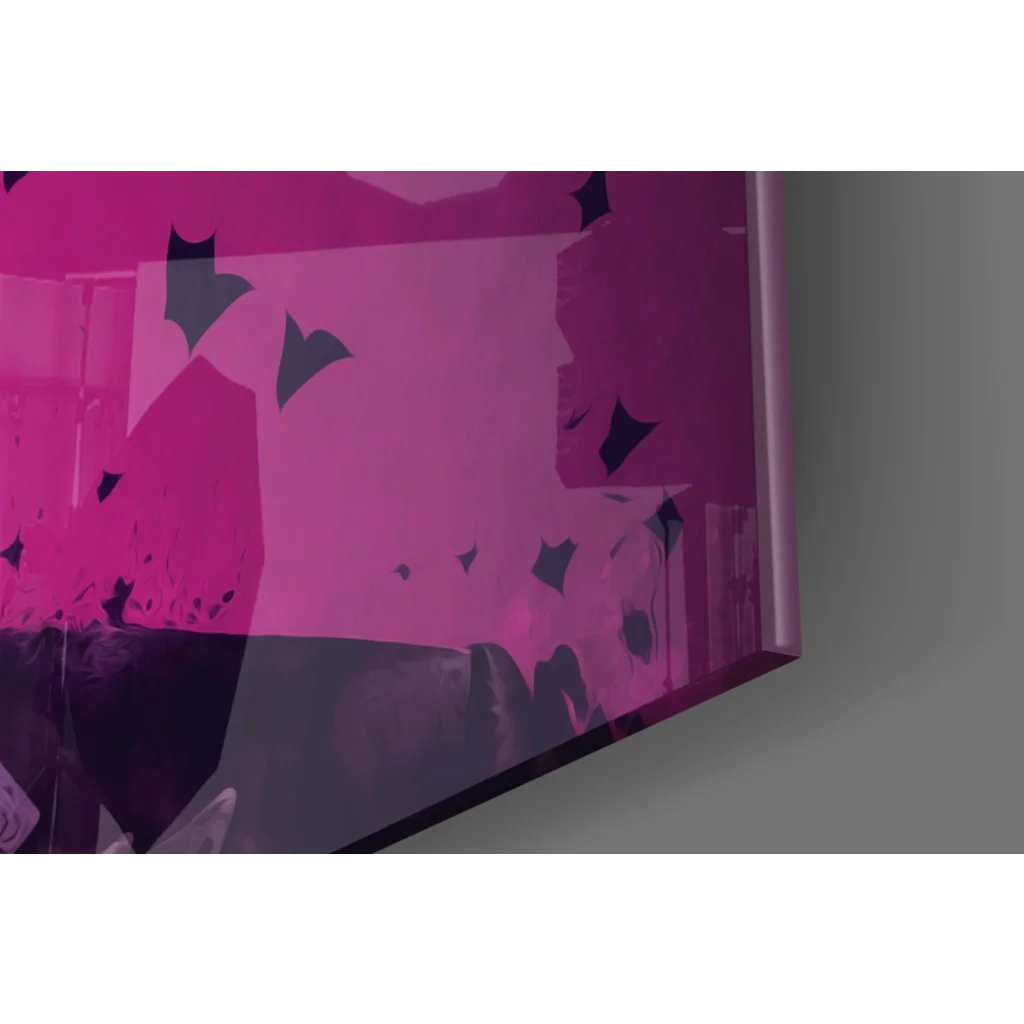 Vibrant Joker Magenta splatter glass wall art with shattered effect