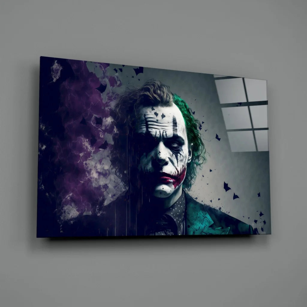 Joker wall art canvas with purple smoke and shattered glass backdrop