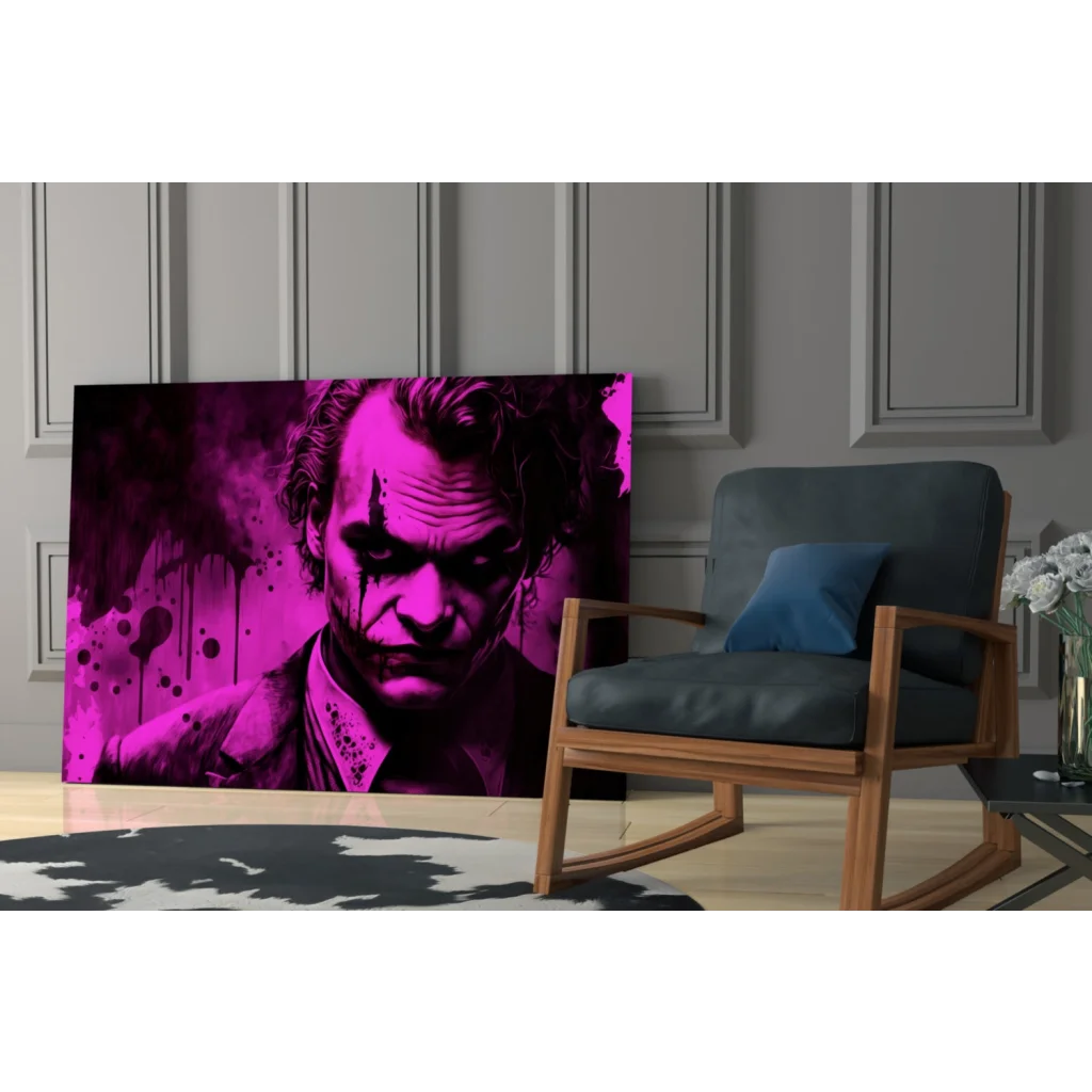 Vibrant Joker splatter wall art canvas print in magenta and black