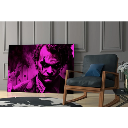 Vibrant Joker splatter wall art canvas print in magenta and black