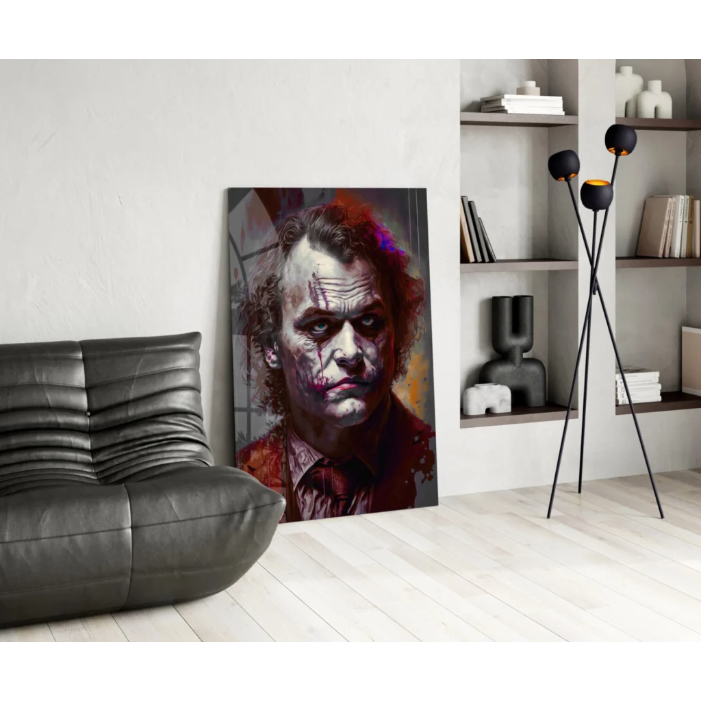 Vibrant Joker glass wall art with red purple splatter on dark canvas