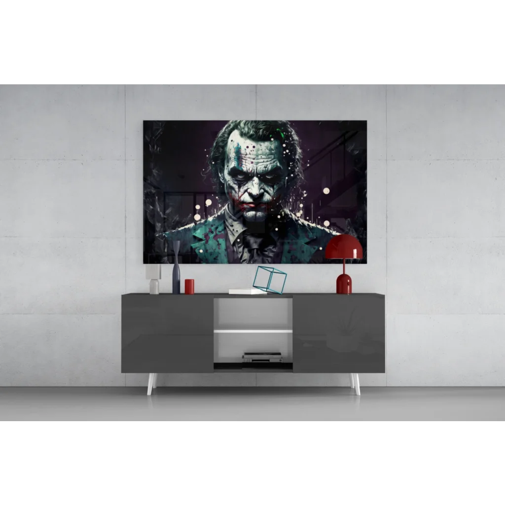 Striking Joker black-and-white wall art canvas with green red splatters
