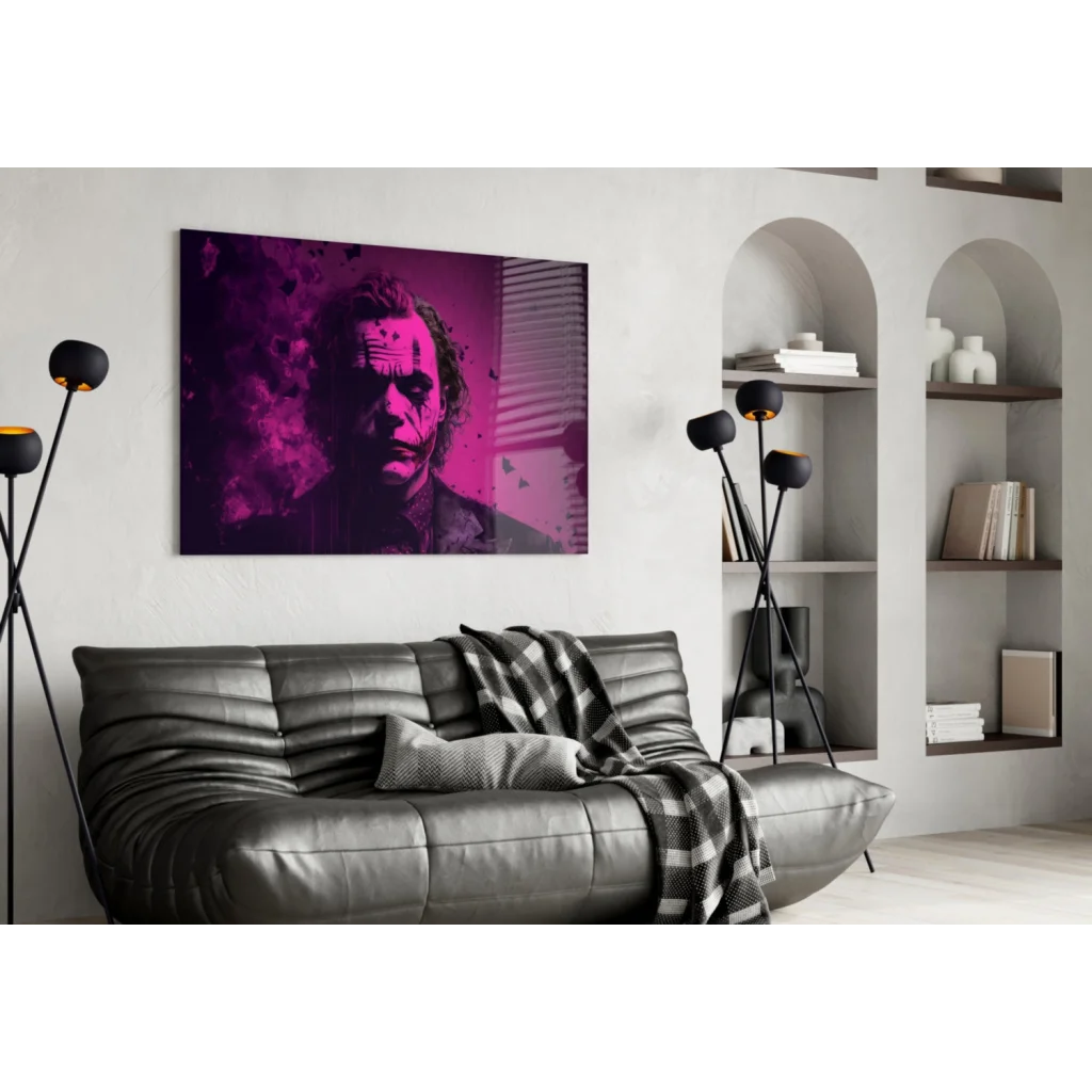 Vibrant magenta Joker portrait canvas wall art with shattered glass effect on white wall