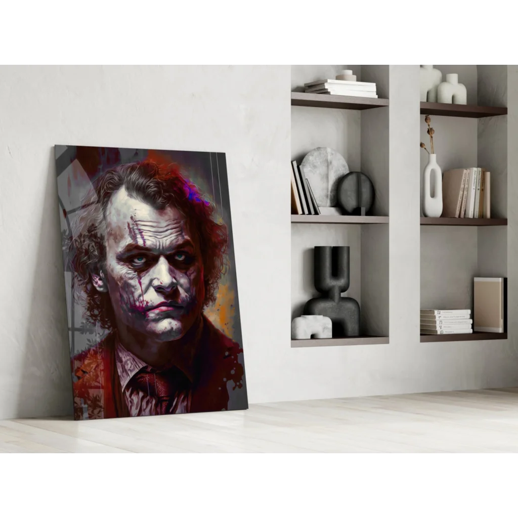 Vibrant Joker portrait glass wall art with red splatter on canvas