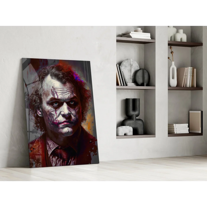 Vibrant Joker portrait glass wall art with red splatter on canvas
