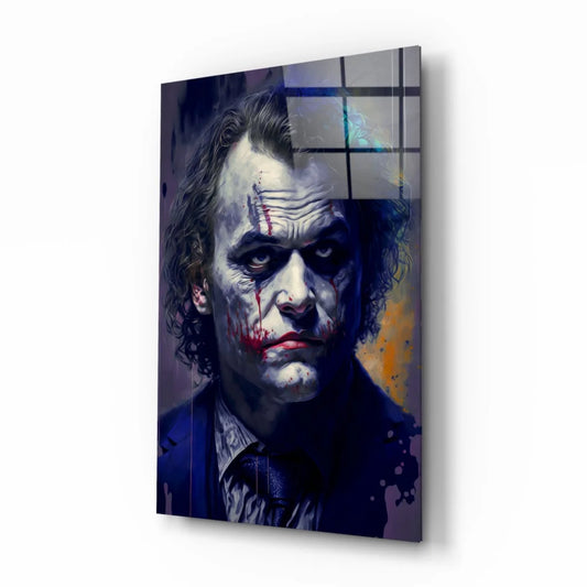 Dark blue Joker canvas wall art with purple tones and red paint splatters