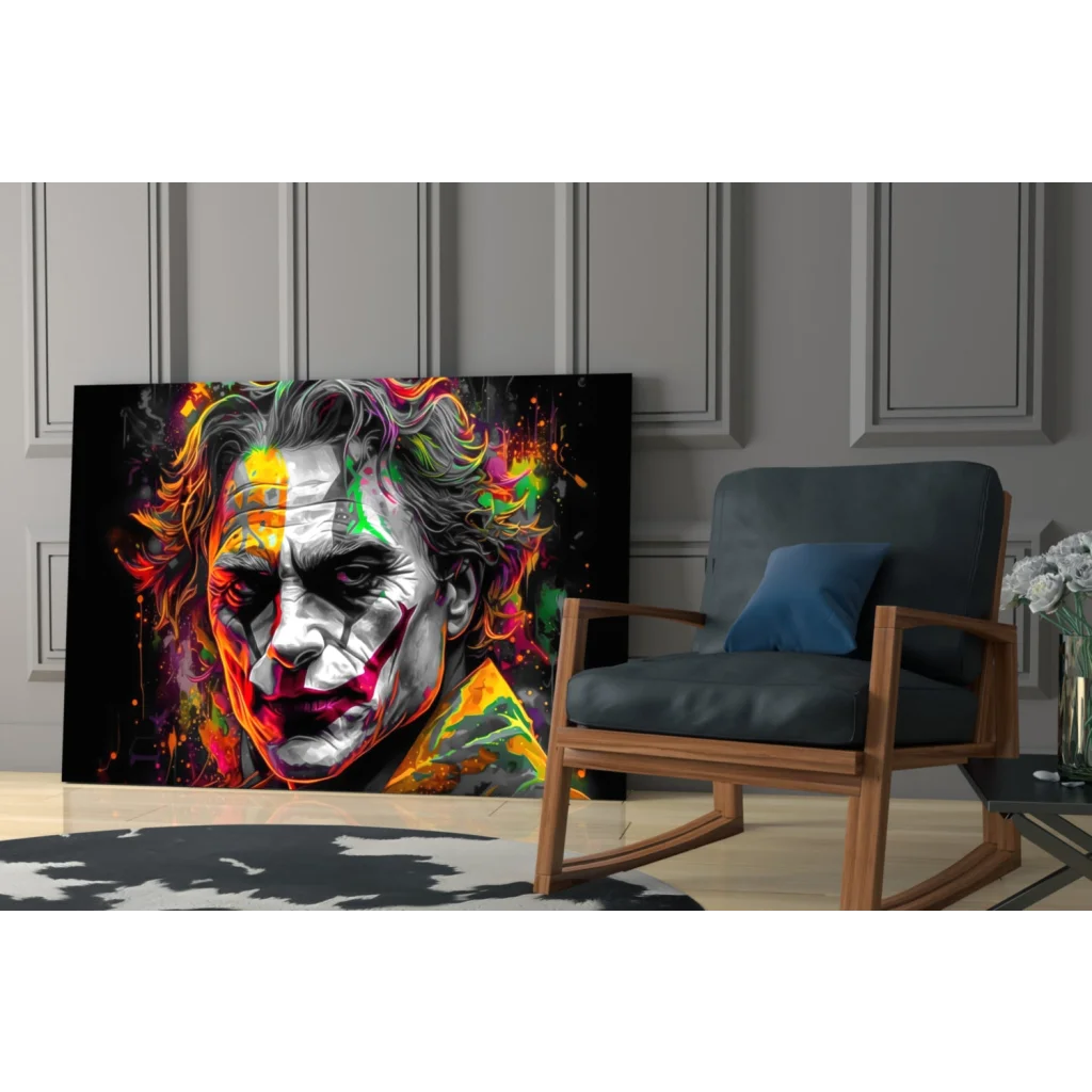 Vibrant abstract Joker portrait on black canvas wall art