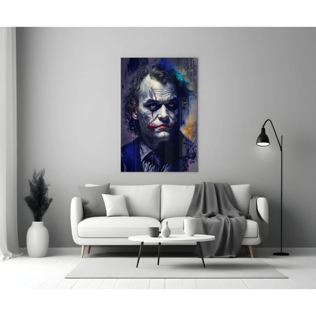 Joker canvas wall art with bold paint splatter in blue, purple, orange