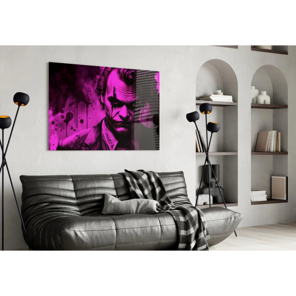 Vibrant magenta and black Joker splatter wall art portrait on canvas