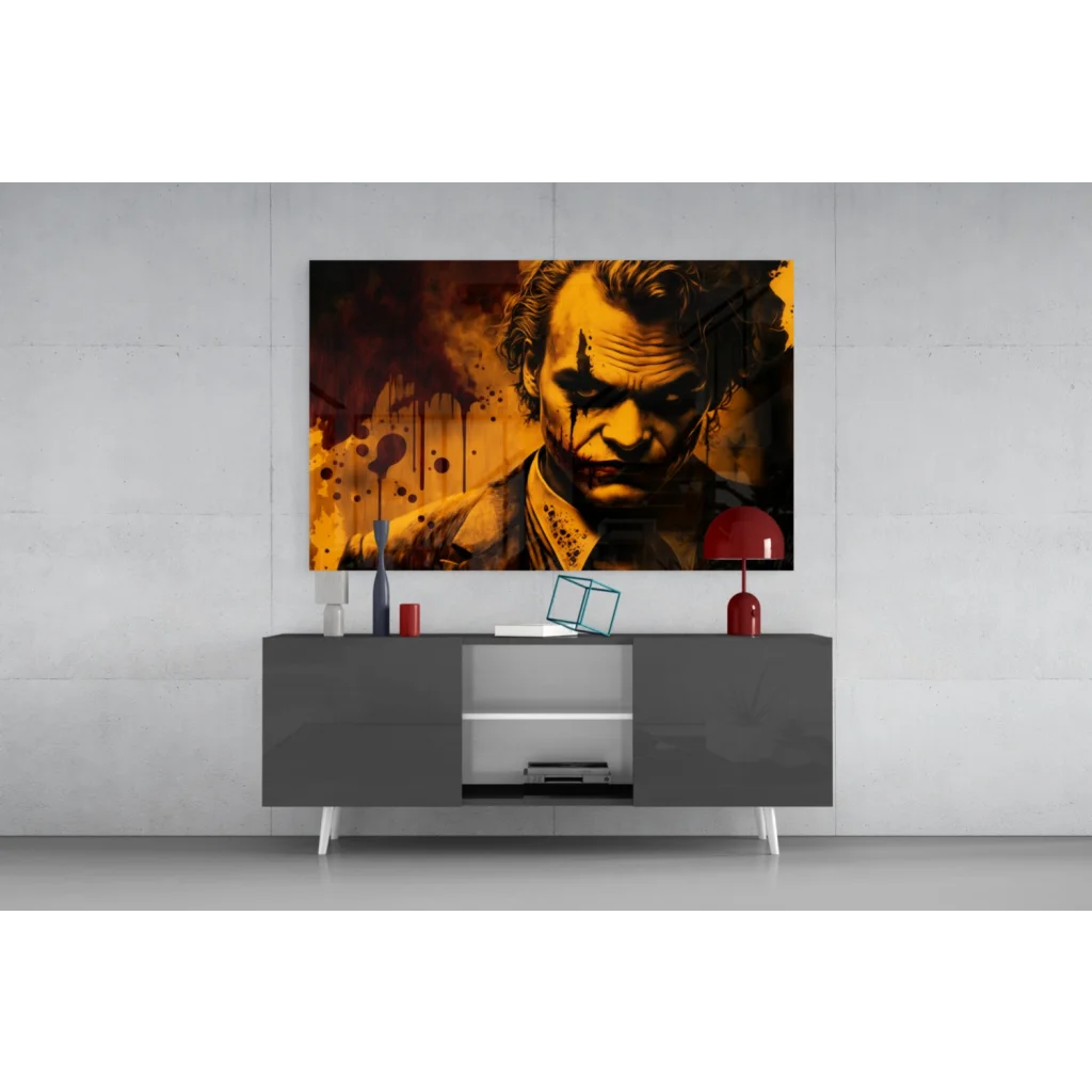 Vibrant orange black Joker portrait canvas wall art with blood splatter