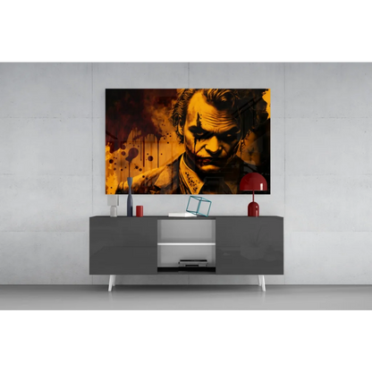 Vibrant orange black Joker portrait canvas wall art with blood splatter