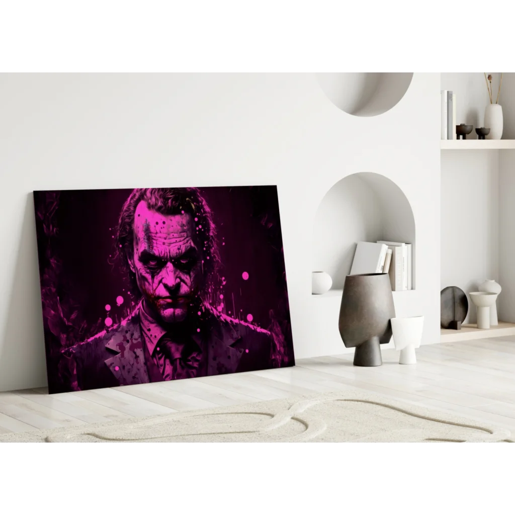 Vibrant Joker glass wall art with purple splatter canvas print