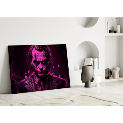 Vibrant Joker glass wall art with purple splatter canvas print