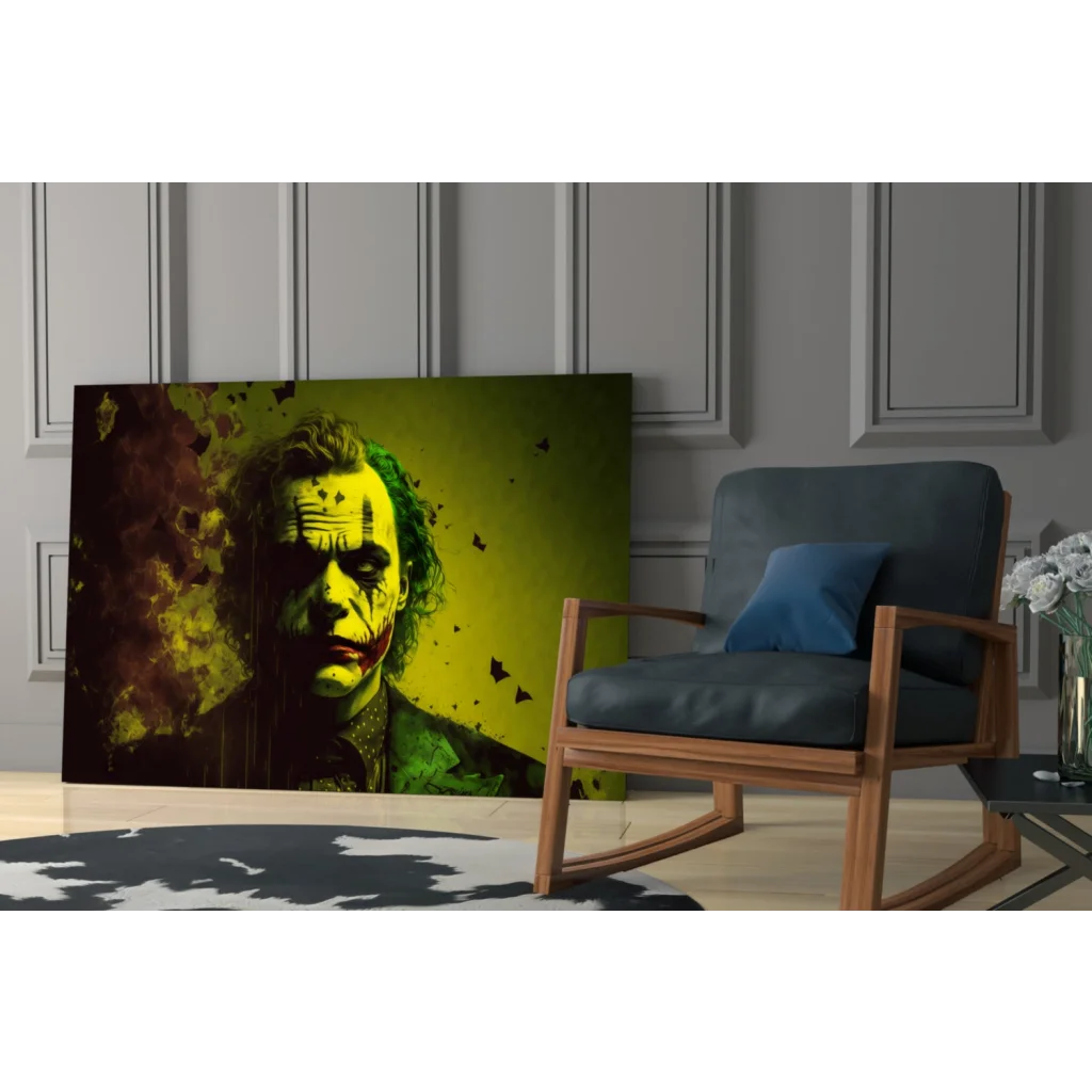 Vibrant Joker shattered glass wall art canvas print in yellow and green