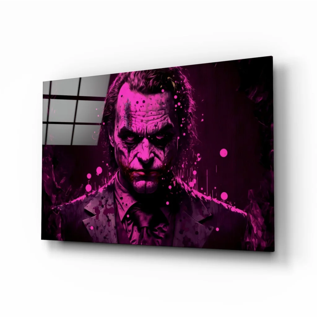 Vibrant Joker glass wall art with magenta black print on sleek canvas