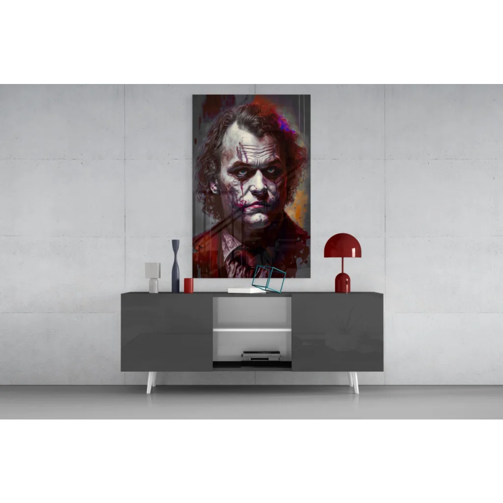 Vibrant Joker glass wall art portrait with red purple swirls