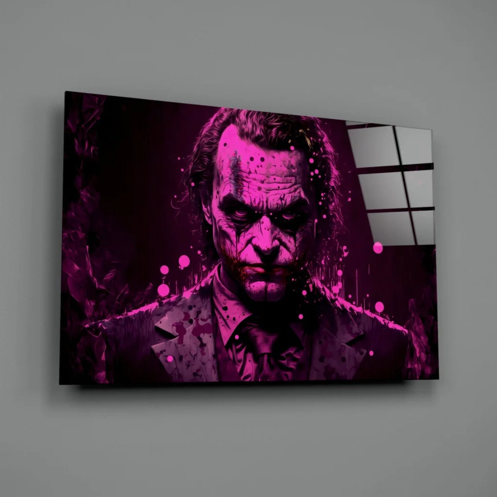 Vibrant Joker glass wall art with magenta black canvas print