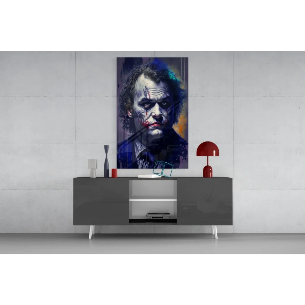 Vibrant Joker abstract portrait wall art in blues, purples, orange splatters