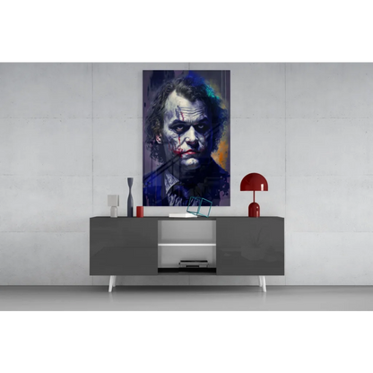 Vibrant Joker abstract portrait wall art in blues, purples, orange splatters
