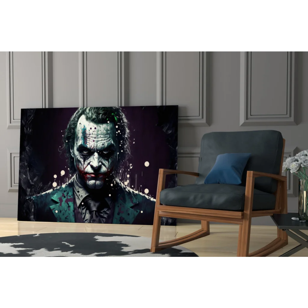 Striking Joker canvas wall art portrait in dark teal black tones