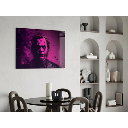 Vibrant Joker magenta splatter glass wall art on white wall