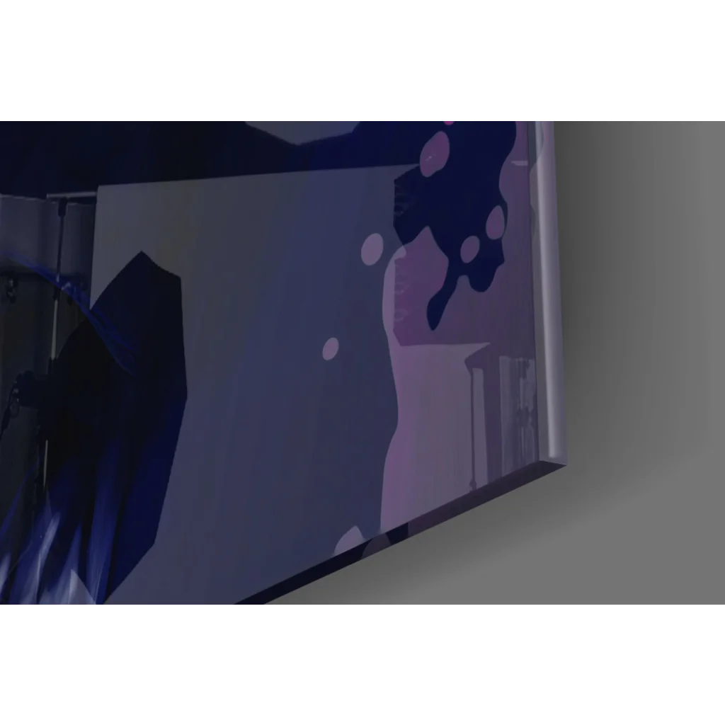 Joker glass wall art with bold purple black splatter and white accents