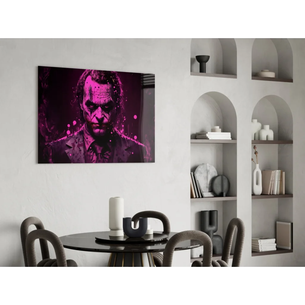 Vibrant Joker glass wall art with magenta black splatter canvas print
