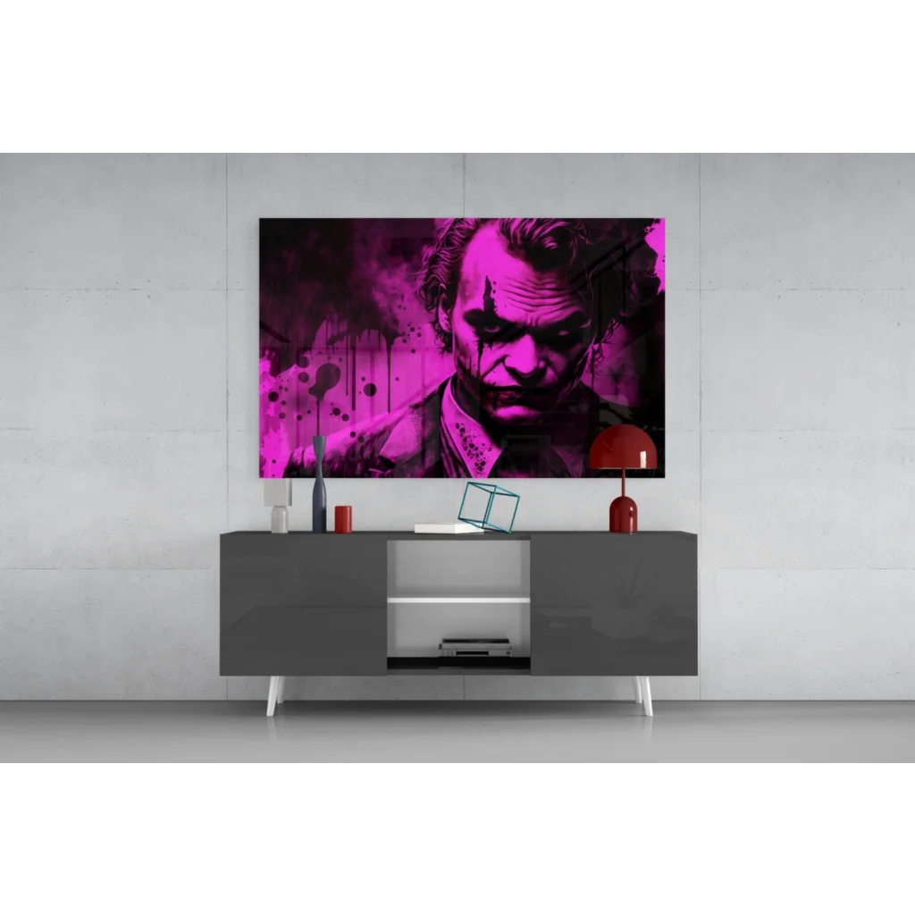 Vibrant magenta and black Joker splatter wall art on canvas