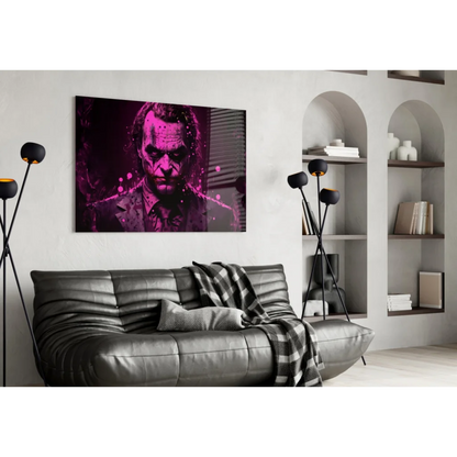 Vibrant Joker glass wall art with magenta black portrait on white wall