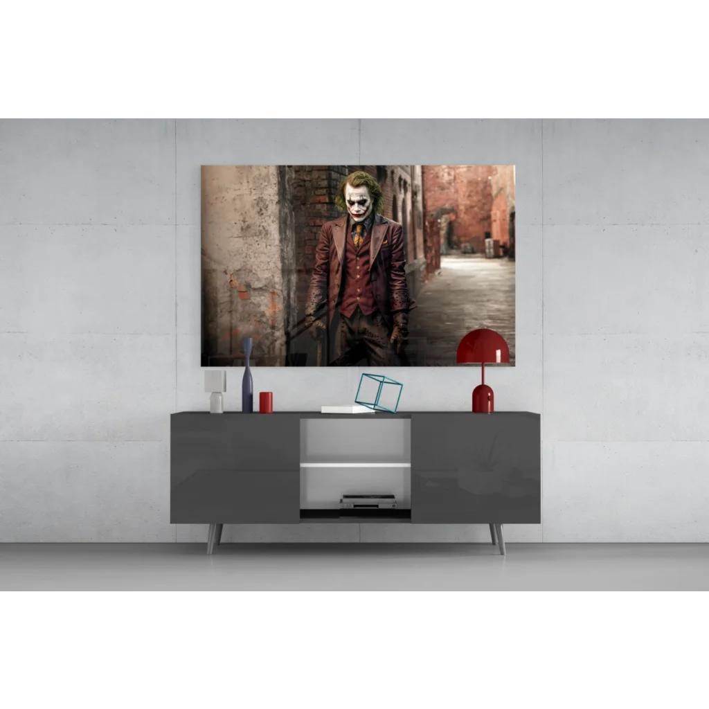 Framed Joker maroon suit canvas wall art in dark alleyway