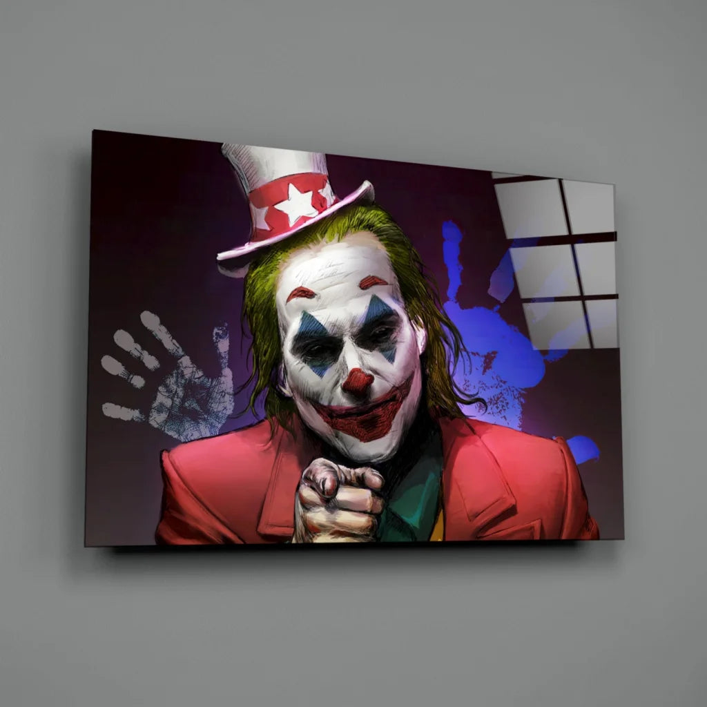 Vibrant Joker glass wall art print with red green suit and blue face paint