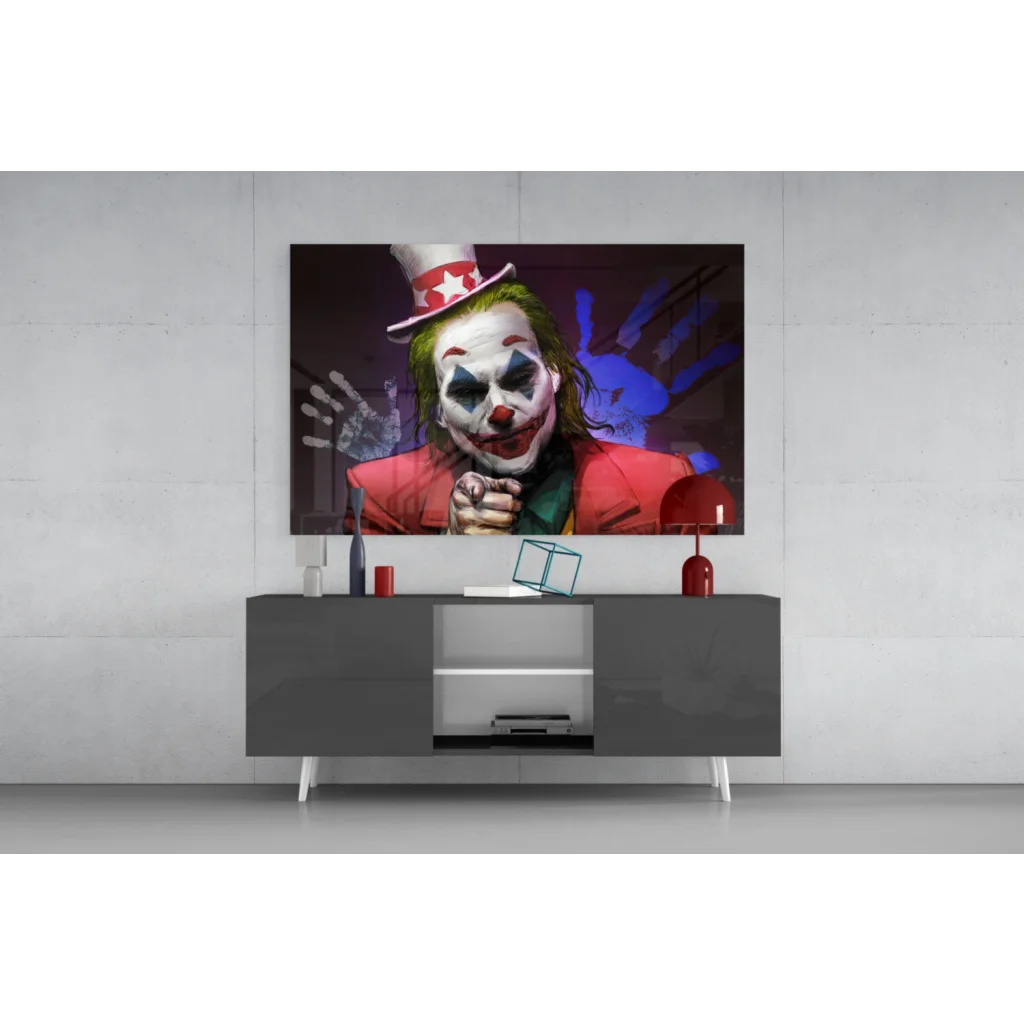 Vibrant Joker glass wall art print with face paint design