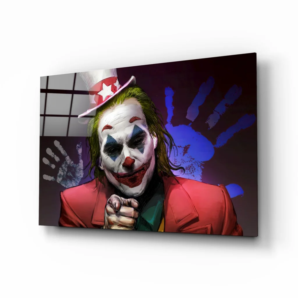 Vibrant Joker glass wall art print with red jacket and white star hat