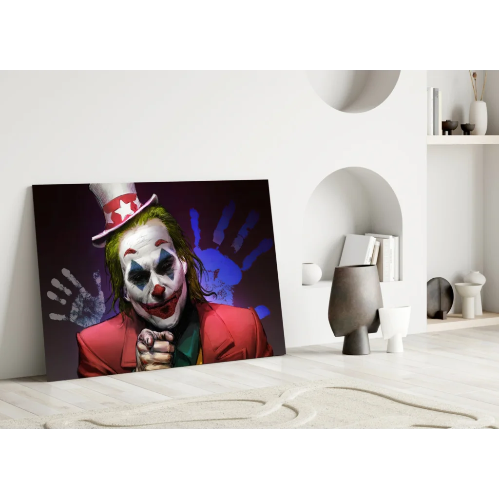 Vibrant Joker glass wall art print with red blue hands and white face paint