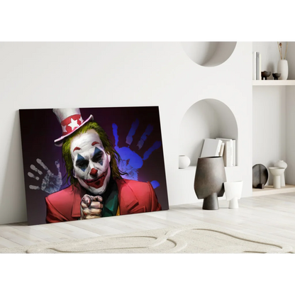 Vibrant Joker glass wall art print with red blue hands and white face paint