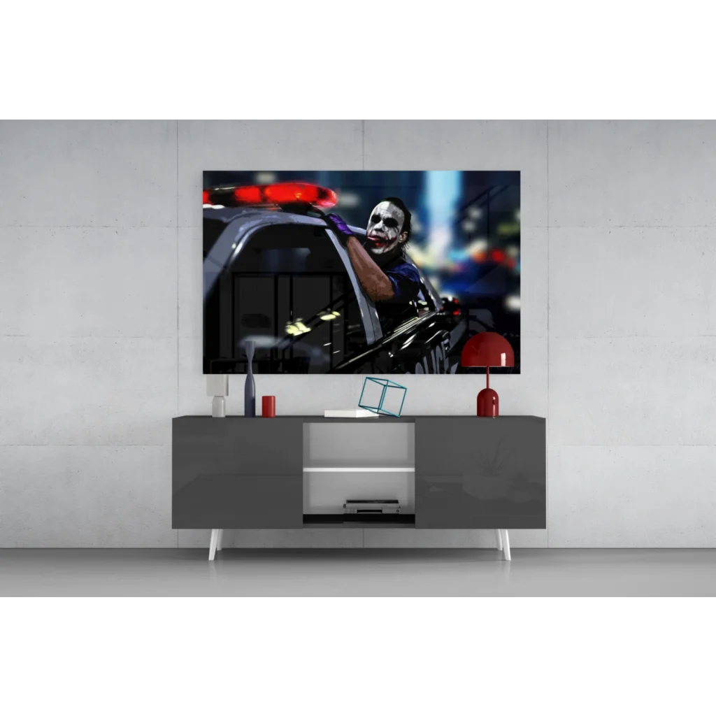 Vibrant Joker in police car glass wall art print