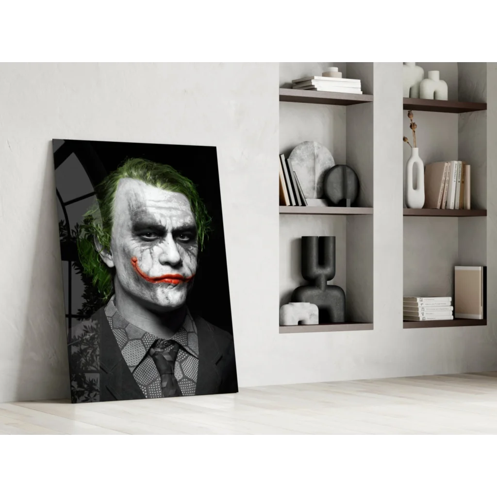Joker wall art canvas print with neon green hair and red smile