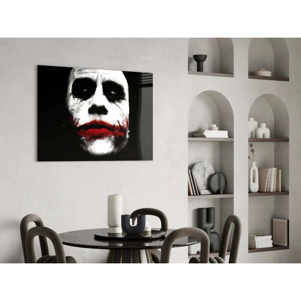 Black-and-white Joker portrait with bold red lips wall art print