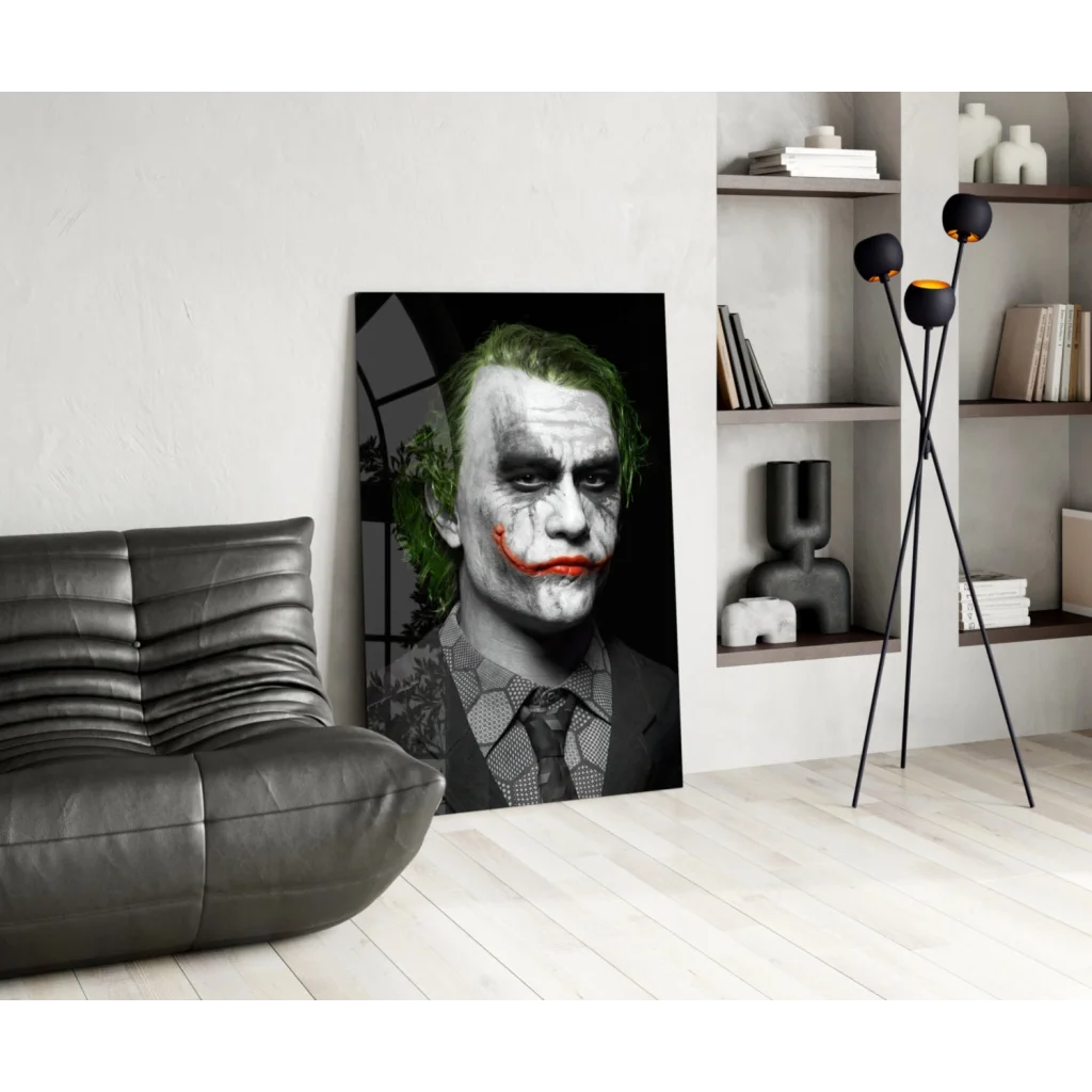 Joker canvas wall art with neon green hair and red smile portrait