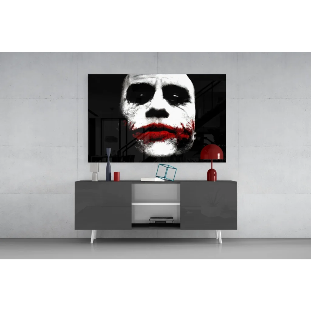 Joker black-and-white canvas wall art with bold red lips on minimalist setup
