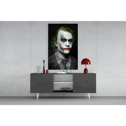 Striking Joker black-and-white portrait canvas wall art with neon green hair and red smile