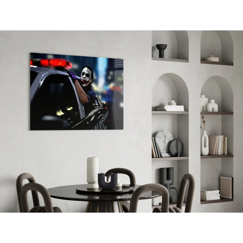 Joker Dark Knight glass wall art print in car interior