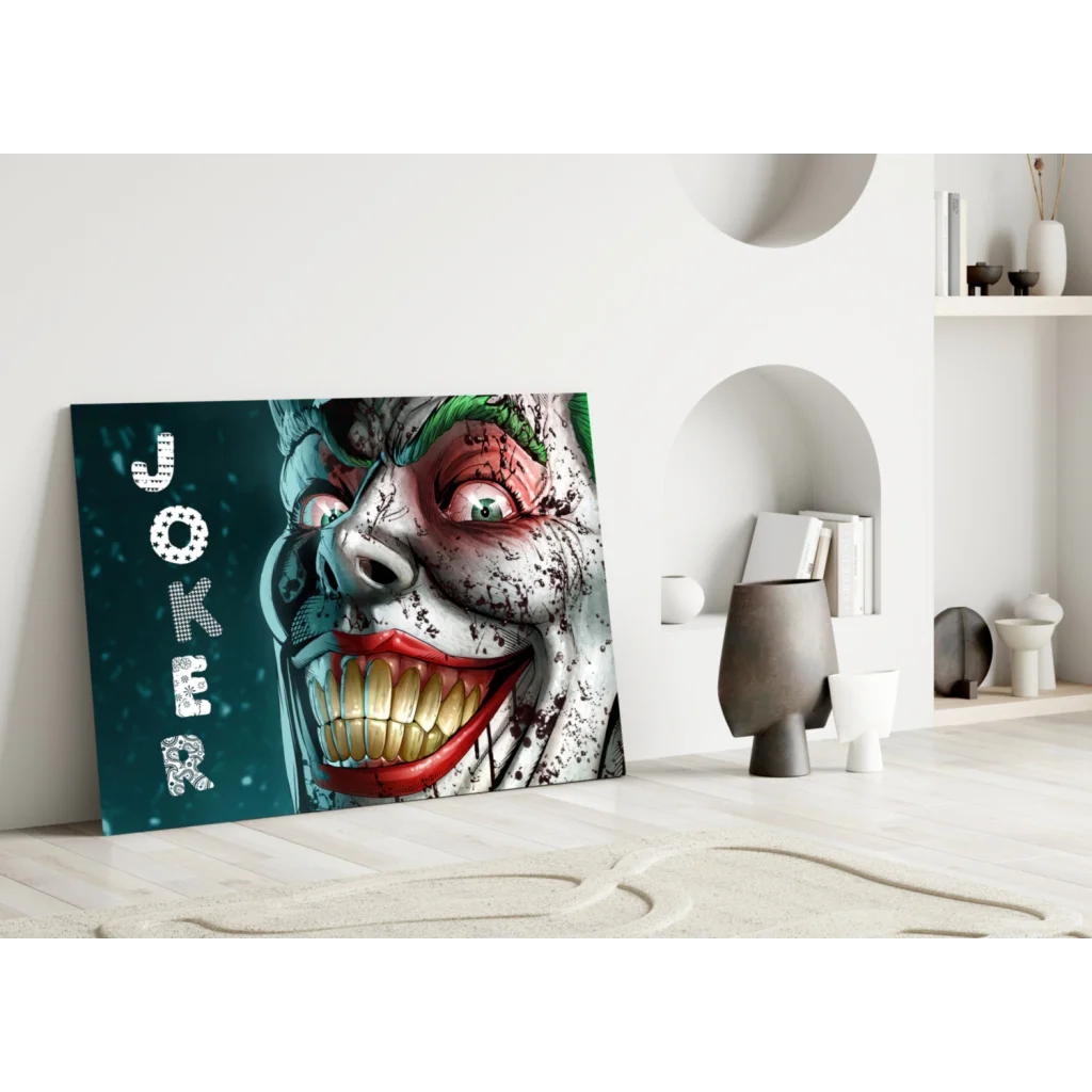 Vibrant Joker grin canvas wall art with bold red lips and green hair
