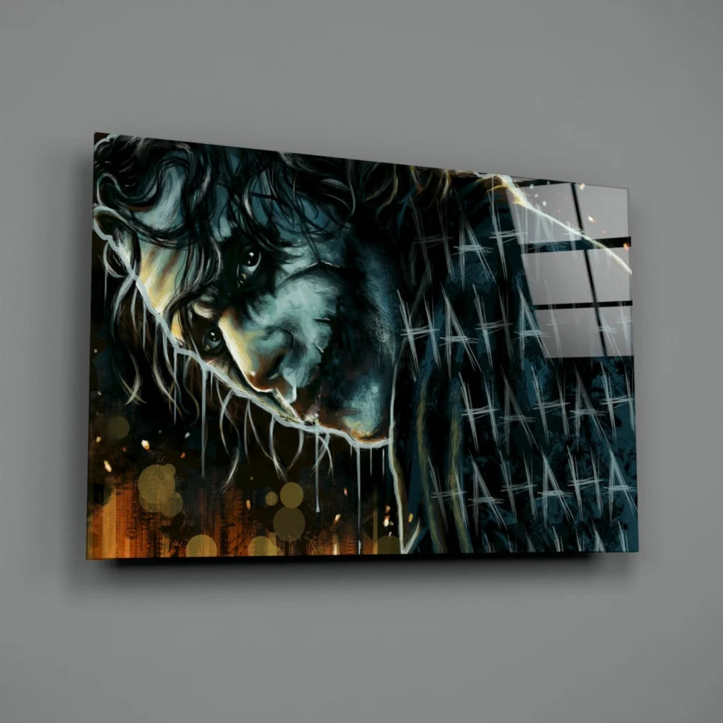 Sinister Joker glass wall art canvas print with glowing orange lights