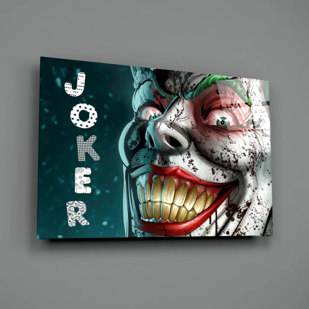 Vibrant Joker grin graffiti wall art canvas print with green hair on teal background