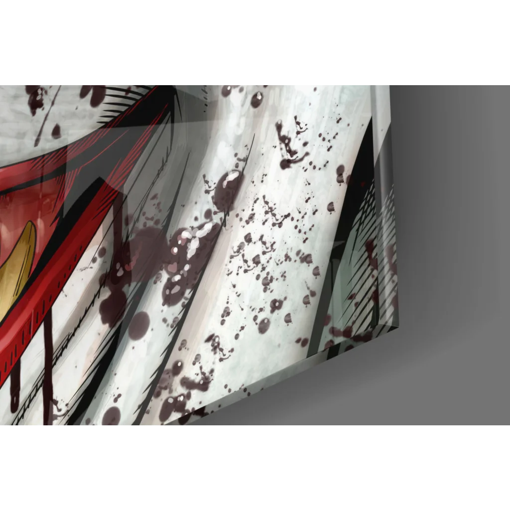 Joker grin comic panel wall art with bold red black lines and ink splatters