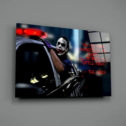 Joker leaning from police car in dark canvas wall art print
